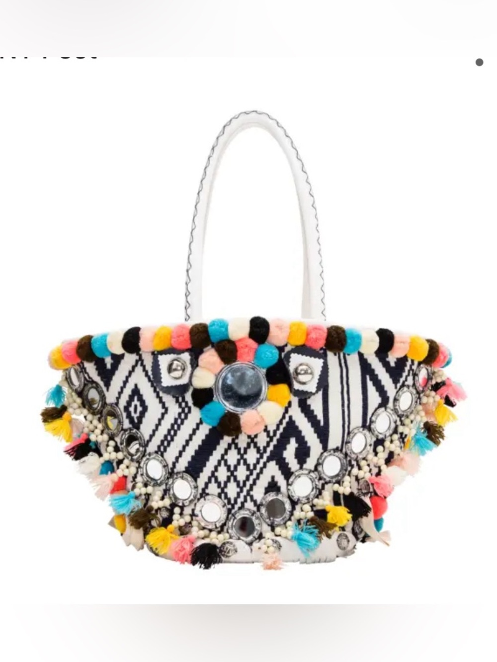 Figue embellished  Geometric Pom-Pom Tote in Black & Multi